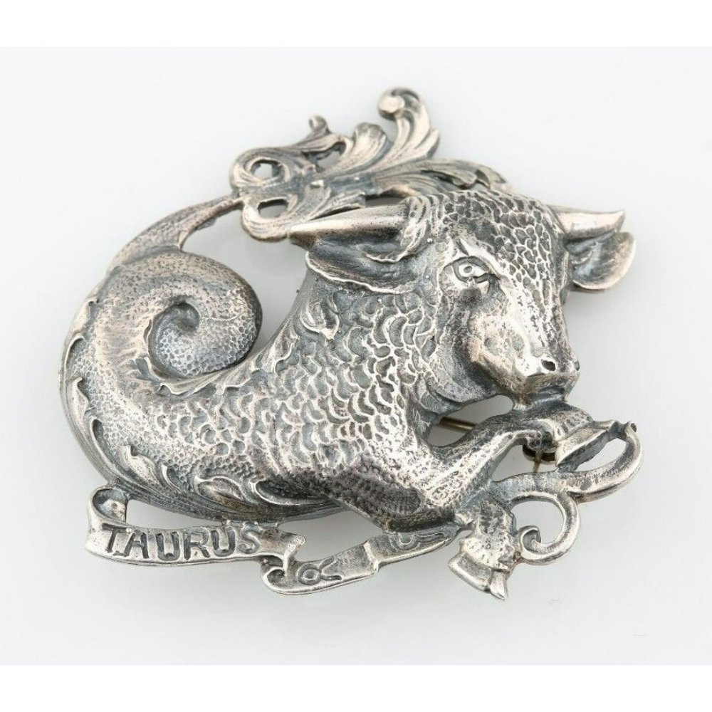 Sterling Silver Taurus Brooch by Guglielmo Cini Zodiac Bull Astrology Pin Back